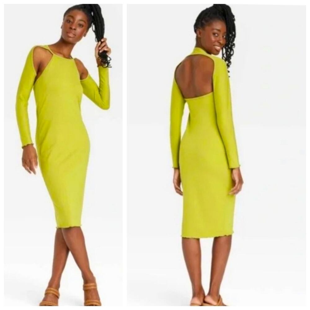 New Medium Target lime green open back cold shoulder long sleeve midi dress